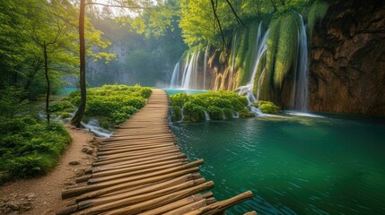 Scenic wooden trail in Plitvice Lakes National Park, perfect for trekking amid lakes, waterfalls, and stunning natural landscapes.