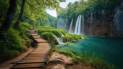 Scenic wooden trail in Plitvice Lakes National Park, perfect for trekking amid lakes, waterfalls, and stunning natural landscapes.
