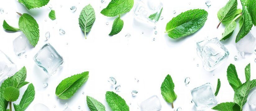 Close up transparent stack ice cubes with fresh mint leaves on white background. AI generated
