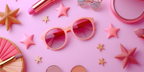 Top view collection of cosmetics and sunglasses in pink style on pink background, Flat lay Minimal fashion summer concept