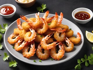 Fried shrimp on a plate, garnished with parsley and accompanied by dipping sauces, on a dark background. Generative AI.