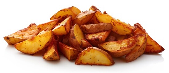 Tasty golden color fried potato wedges isolated on white background. AI generated image - obrazy, fototapety, plakaty