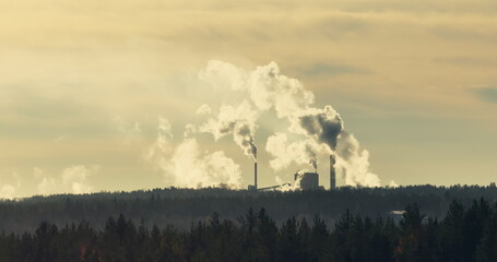 Industrial Smokestacks Emitting Plumes of Smoke at Dusk Over a Forested Landscape