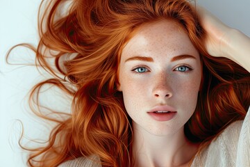 Fototapeta premium Beautiful redhead woman with long hair touching her hair white background Healthy hair and flawless skin portrayed
