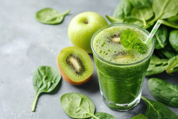 Fototapeta premium Healthy green smoothie with spinach kiwi and apple on a bright background perfect for detox and vegan vegetarian diets