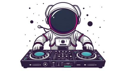 Cute astronaut playing dj electronic music with headphone cartoon icon illustration. science...