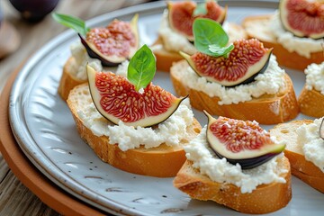 Delicious appetizer with baguette cottage cheese and fig jam ideal as aperitif