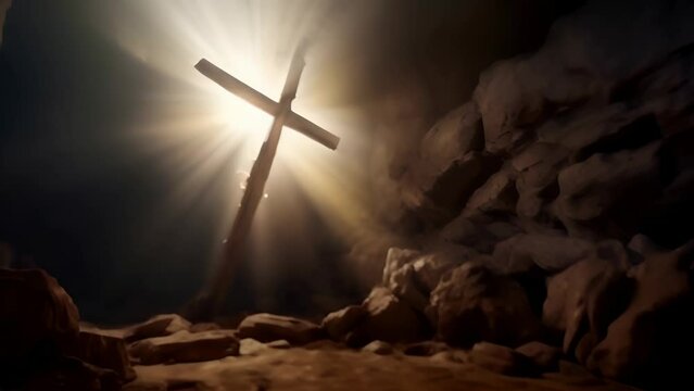Wooden cross in a cave and sun rays shining, concept of Easter and Christianity.