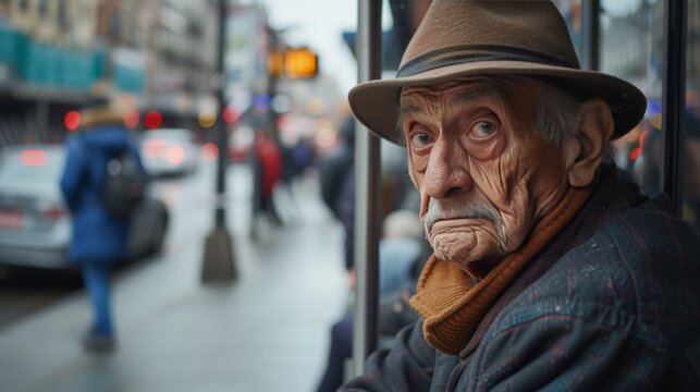 Aging Society Old man in a hat sitting at a busy city bus stop traffic in the background