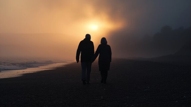 Aging Society Two old couple walking  holding hands on a beach during a misty sunset