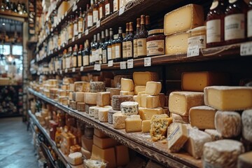 Variety of fine cheeses and spirits on a rustic store shelf