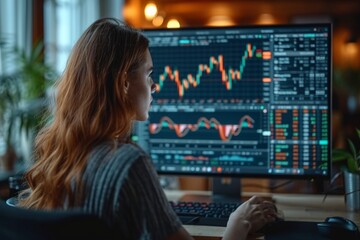 Woman analyzing financial data on multiple computer monitors