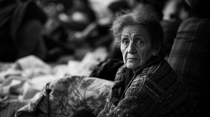 Aging Society  grayscale tone old woman sitting in homeless shelter surround by people - obrazy, fototapety, plakaty