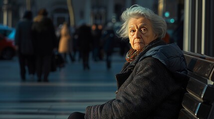 Aging Society an old woman sitting on a bench in a city square hustle and bustle of modern life