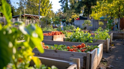 Global Warming community garden with wooden planters ripe red tomatoes local food - obrazy, fototapety, plakaty