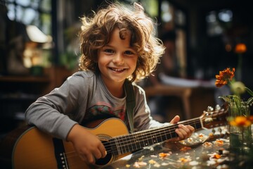 Smiling child playing guitar at home with sunlight and flowers