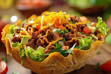 Beef cheese and lettuce inside a tortilla bowl for a taco salad