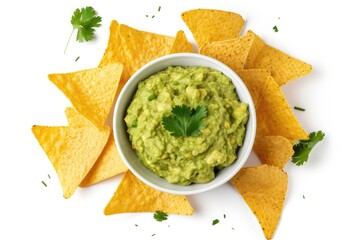 Guacamole dip with tortilla chips in white bowl Isolated on white background Top view