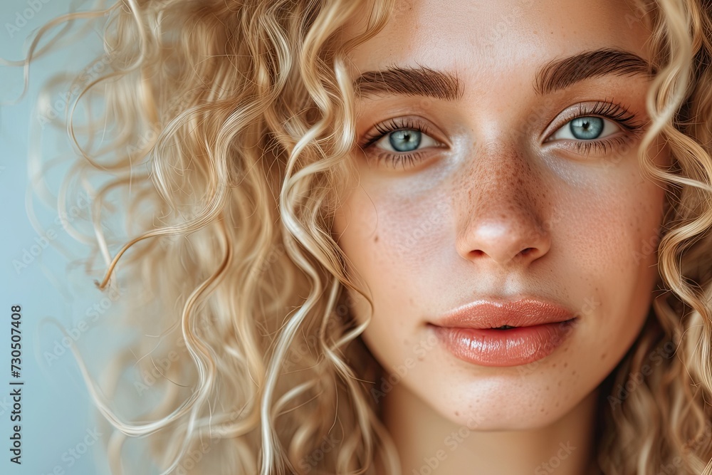 Wall mural a naturally made up woman with curly hair and a beautiful face blonde