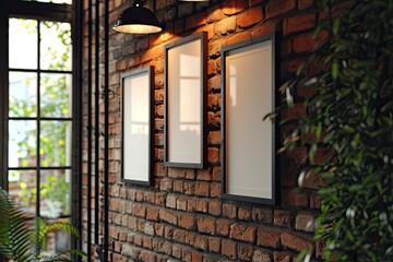 Black frames hanging on a brick wall