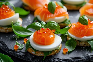 A symbolic image of a close up of canapes with smoked salmon soft cheese eggs caviar and fresh basil on a stone background representing a tasty and healthy me - obrazy, fototapety, plakaty