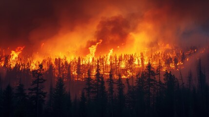 Fototapeta premium Global Warming wildfire forest flames thick smoke filling the air