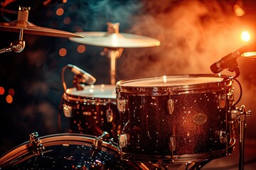 Close up of a drum kit with a stunning backlight and space for text