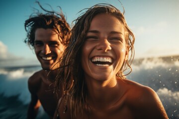 Couple surfing and laughing in the ocean waves at sunset