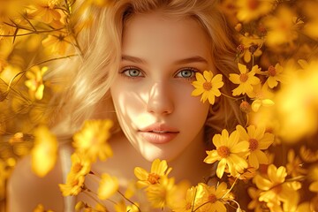 Fototapeta premium Stunning blond lady in a garden of golden flowers