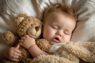 Infant dozing peacefully mouth agape and embracing plush toy in bed