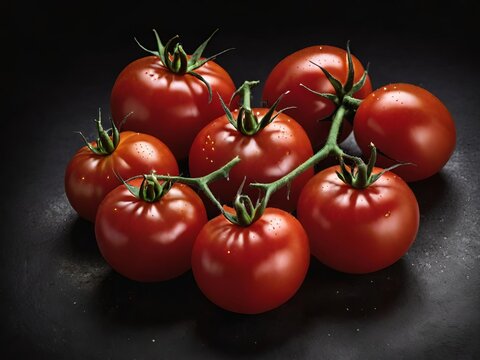 Group of fresh, ripe tomatoes with green stems on a dark background. Generative AI.