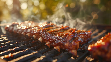A tangy BBQ sauce made from scratch with a smoky blend of es and a touch of moles. The sauce glistens in the sunlight as it bubbles and caramelizes over a sizzling rack of - obrazy, fototapety, plakaty