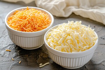 White bowls contain shredded mozzarella and cheddar alongside grated low moisture mozzarella and orange natural cheese made from pasteurized cow milk for pizza