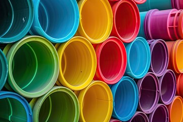 Colorful large plastic pipes used at the construction site - obrazy, fototapety, plakaty