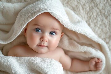 Baby wearing a towel after bath representing childhood and care