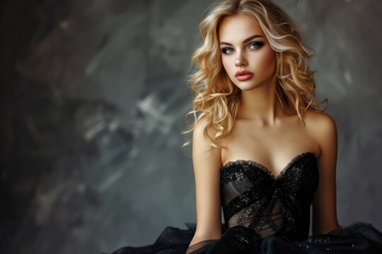 Fashionable blonde woman in black dress with curly hairstyle glamorous makeup and wavy long hair posing in a glitter party gown against a gray background