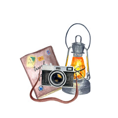 Watercolor vintage camera diary and lantern composition isolated on white. © Ekaterina