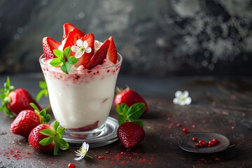 Close up of world cuisine desserts Magnolia dessert with raspberry on white background - obrazy, fototapety, plakaty