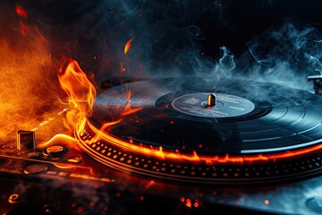 Burning vinyl disk on turntable with fire and smoke trail in music DJ concept Selective focus - obrazy, fototapety, plakaty