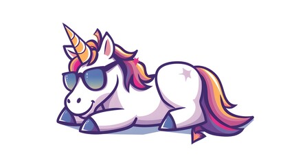 Cute unicorn relaxing wearing glasses cartoon vector icon illustration. animal holiday icon concept isolated premium on white background --ar 16:9 --v 6