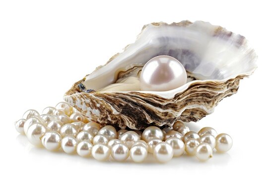 Large pearl in oyster shell small pearls white background