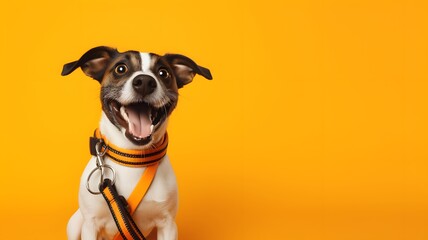 Dog sitting concept with happy active dog holding pet leash in mouth ready to go for walk on orange...