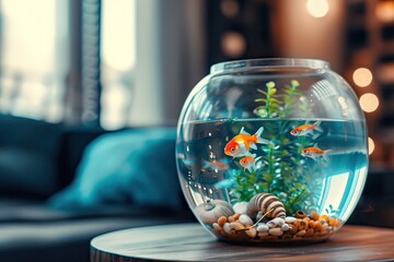 Colorful aquatic animals in a home fishbowl on a wooden table