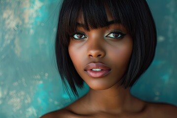 Stunning African American woman with a chic bob hairstyle and keratin straightening receiving care and spa treatments to enhance her natural beauty - obrazy, fototapety, plakaty