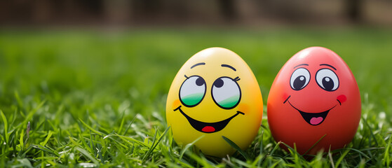 easter eggs on the grass of a field with happy faces