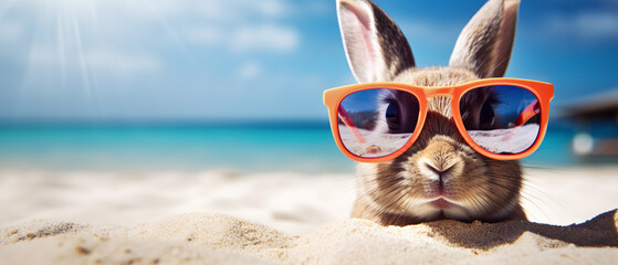 easter bunny on the beach sunbathing with glasses - obrazy, fototapety, plakaty
