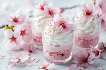 Home made cherry blossom dessert in glasses with whipped cream - obrazy, fototapety, plakaty