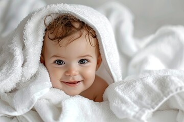 Baby hidden in white towels after bath