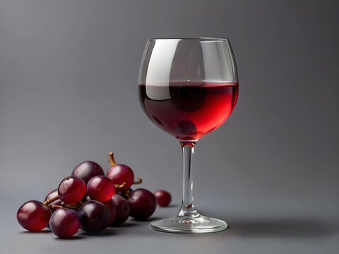 glass of red wine with grapes on the side. gray background, object with shadows, low light. elegant, minimalist