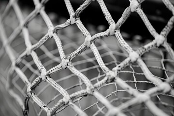 Black and white photo of a goalie s net